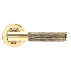 From The Anvil Aged Brass Knurled Door Handles on Round Rose - Brompton Range 