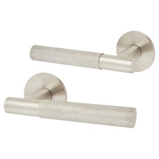Jigtech Satin Stainless Steel Knurled Door Handles on Round Slim Rose - Schema Teckna Range 