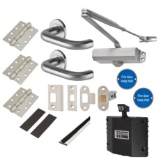 Light Duty Latch Door Handle on Rose Fire Door Kit & Dorgard Holder - Power Size 3 - Silver