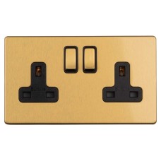Eurolite Concealed 13A 2 Gang Screwless Flat Plate DP Switched Socket - Satin Brass/Black