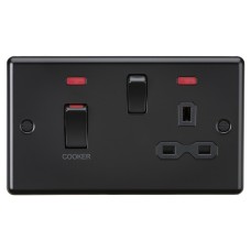 Knightsbridge 45A Round Edge DP Cooker Switch & 13A Socket with Neons - Matt Black/Black Insert