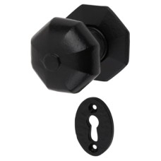 Olde Forge Octagonal Mortice/Rim Door Knob with Escutcheon - 59mm Rose Diameter - Antique Black Iron