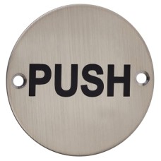 Exel Push Door Sign - 75mm Diameter - Satin Stainless Steel