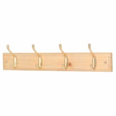 Exel Hat & Coat Hook Rail - 450 x 70 x 15mm - 4 Hooks - Pine Board with Polished Brass Hooks