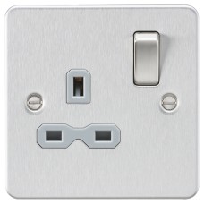 Knightsbridge 13A 1 Gang Double Pole Flat Plate Switched Socket - Brushed Chrome with Grey Insert