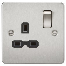 Knightsbridge 13A 1 Gang Flat Plate Double Pole Switched Socket - Brushed Chrome with Black Insert