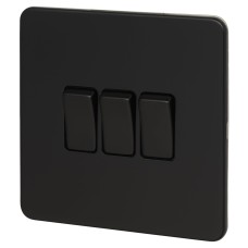 Knightsbridge 10AX 3 Gang 2 Way Screwless Light Switch - Matt Black with Black Rocker