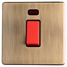 Eurolite Concealed 45A 1 Gang Screwless Flat Plate DP Cooker Switch with Neon - Antique Brass/Black