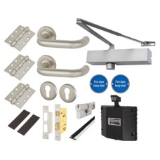 Medium Duty Euro Lock Door Handle on Rose Fire Door Kit & Dorgard Holder - Stainless Steel
