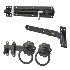 Medium Duty Cranked Hook & Band Gate Hinge Kit with Ring Gate Latch - 300mm - Black