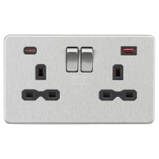 Knightsbridge 13A 2 Gang Type A/C 45W Fastcharge USB Socket with 2 x USB - Brushed Chrome/Black