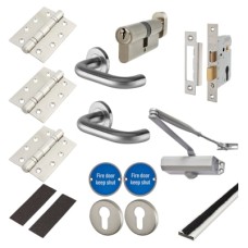 Light Duty Euro Lock Door Handle on Rose Fire Door Kit - Power Size 3 - Satin Stainless