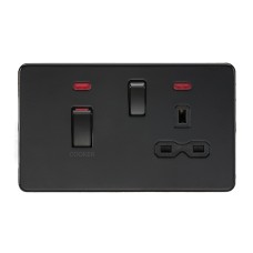 Knightsbridge 45A 2 Gang DP Cooker Switch & 13A Switched Socket with Neon - Matt Black/Black Insert
