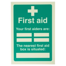 Exel Photoluminescent Your First Aiders Are/Nearest First Aid Box - 148 x 210mm - Rigid Plastic