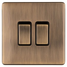 Eurolite Concealed 10A 2 Gang 2 Way Screwless Flat Plate Light Switch - Antique Brass/Black