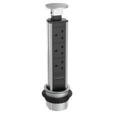 Sensio SensioPod E Slimline 3 Gang Pop-Up Socket with 2 x USB Ports - Aluminium