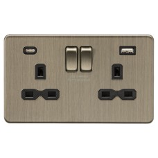 Knightsbridge 13A 2 Gang Screwless Type A/C USB Socket with 2 x USB - 4A - Antique Brass/Black