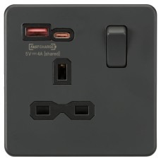 Knightsbridge 13A 1 Gang Flat Plate Type A/C USB Socket with 2 x USB - 1.5A - Anthracite/Black