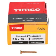 TIMCO Solo Chippy Pozi Countersunk Wood Screws - 3.0 x 25mm - Yellow Zinc - Pack of 200
