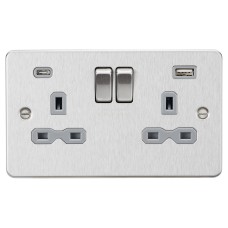 Knightsbridge 13A 2 Gang Flat Plate Type A/C USB Socket with 2 x USB - 4A - Brushed Chrome/Grey