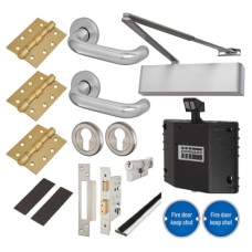 Heavy Duty Euro Lock Door Handle on Rose Fire Door Kit & Dorgard Holder - Aluminium