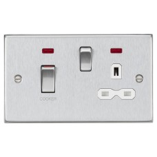 Knightsbridge 45A Square Edge DP Cooker Switch & 13A Socket & Neons - Brushed Chrome & White Insert