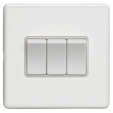 Eurolite Concealed 10A 3 Gang 2 Way Screwless Flat Plate Light Switch - Matt White