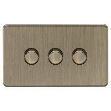 Knightsbridge 5-150W 3 Gang 2 Way Push On/Off Rotary Flat Intelligent LED Dimmer Switch - Ant Brass