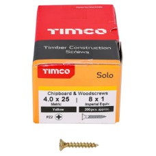 TIMCO Solo Chippy Pozi Countersunk Wood Screws - 4.0 x 25mm - Yellow Zinc - Pack of 200