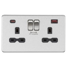 Knightsbridge 13A 2 Gang Type A/C Fastcharge USB Socket with 2 x USB - 4A - Brushed Chrome/Black