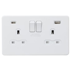 Knightsbridge 13A 2 Gang Screwless Type A/C USB Socket with 2 x USB - 4A - Matt White/White