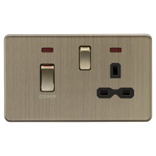 Knightsbridge 45A Screwless Flat Plate DP Cooker Switch & 13A Socket with Neons - Antique Brass