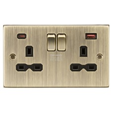 Knightsbridge 13A 2 Gang Type A/QC18W Type C/PD45W USB Socket with 2 x USB - Antique Brass/Black