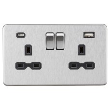 Knightsbridge 13A 2 Gang Screwless Type A/C USB Socket with 2 x USB - 4A - Brushed Chrome/Black