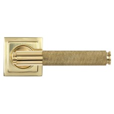 From The Anvil Polished Brass Knurled Door Handles on Square Rose - Brompton Range 
