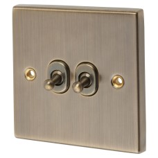 Knightsbridge 10AX 2 Gang 2 Way Toggle Light Switch - Antique Brass