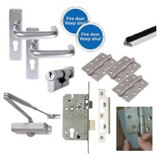 Light Duty Euro Lock Door Handle on Backplate Fire Door Kit - Satin Aluminium