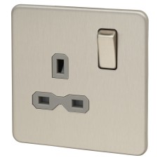 Knightsbridge 13A 1 Gang Screwless Flat Plate DP Switched Socket - Brushed Chrome with Grey Insert