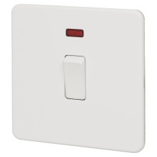 Knightsbridge 20A 1 Gang Double Pole Screwless Flat Plate Appliance Switch with Neon - Matt White