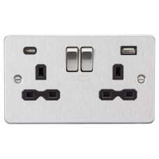 Knightsbridge 13A 2 Gang Flat Plate Type A/C USB Socket with 2 x USB - 4A - Brushed Chrome/Black
