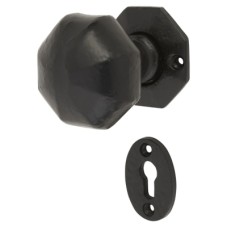Olde Forge Octagonal Mortice Door Knob with Escutcheon - 55mm Rose Diameter - Antique Black Iron