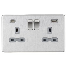 Knightsbridge 13A 2 Gang Screwless Type A/C USB Socket with 2 x USB - 4A - Brushed Chrome/Grey
