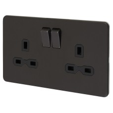 Knightsbridge 13A 2 Gang Screwless Flat Plate Switched DP Socket - Smoked Bronze/Black Inserts 