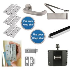 Heavy Duty Latch Door Handle on Rose Fire Door Kit & Dorgard Holder - Stainless Steel