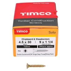 TIMCO Solo Chippy Pozi Countersunk Wood Screws - 4.5 x 30mm - Yellow Zinc - Pack of 200