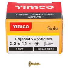 TIMCO Solo Chippy Pozi Countersunk Wood Screws - 3.0 x 12mm - Yellow Zinc - Pack of 200