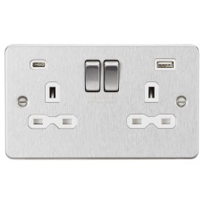 Knightsbridge 13A 2 Gang Flat Plate Type A/C USB Socket with 2 x USB - 4A - Brushed Chrome/White