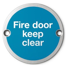 Exel Light Blue Fire Door Keep Clear Door Sign - 75mm Diameter - Satin Stainless Steel