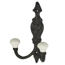 Olde Forge Double Coat Hook - 150 x 110mm - Black Iron & Porcelain