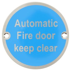 Exel Automatic Fire Door Keep Clear Door Sign - 75mm Diameter - Neutral Lettering - Sat Stainless